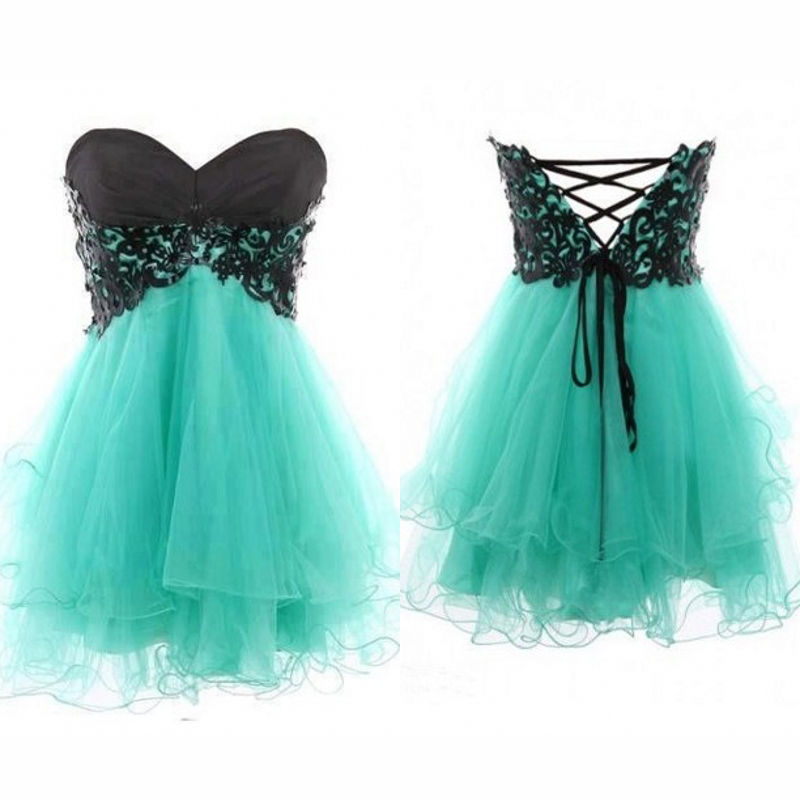 Black Lace Sleeveless Cocktail Dress Mint Green Tulle Short Party Prom